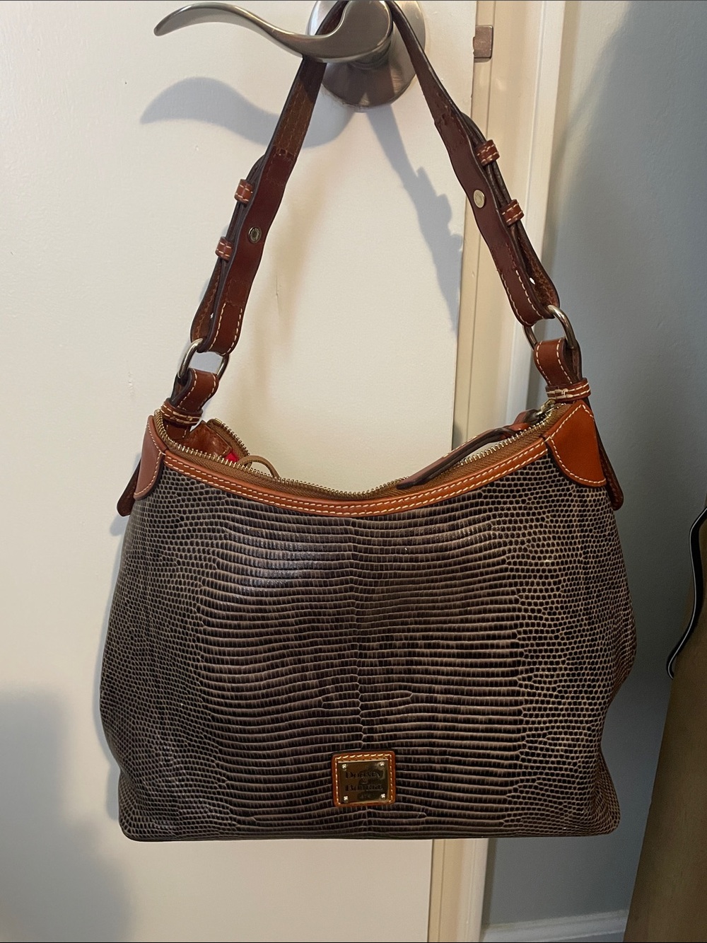 Dooney & Bourke Brown Lizard-Embossed Shoulder Bag with Tan Trim
